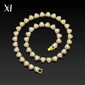 Fashion European and American Style Glass Heart-Shaped Peach Heart Inlaid Diamond Cuban Necklace Women's Necklace Bracelet Set 2026 New Model