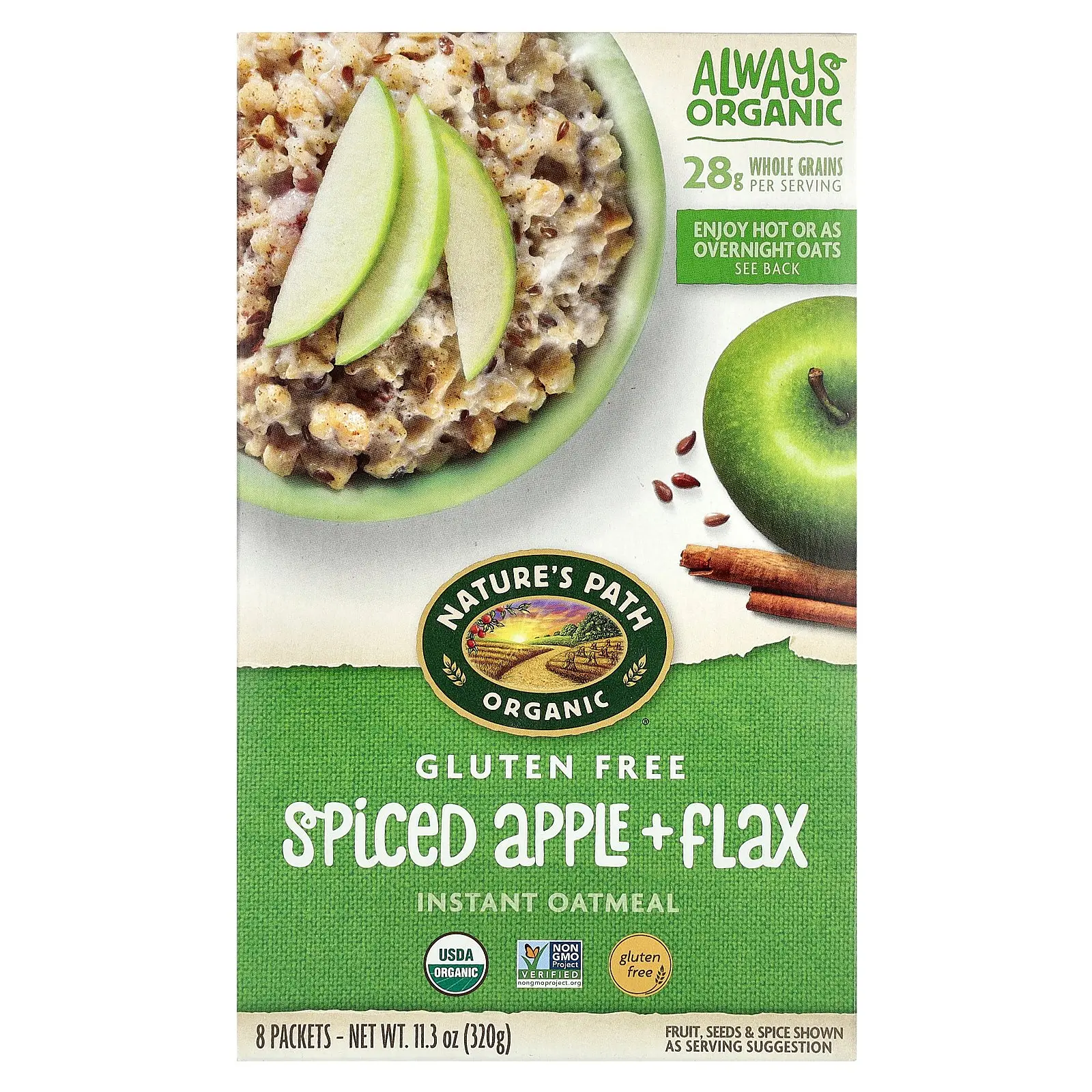 Nature's Path Organic Gluten Free Instant Oatmeal, Spiced Apple + Flax, 8 Packets, 11.3 oz (320 g)
