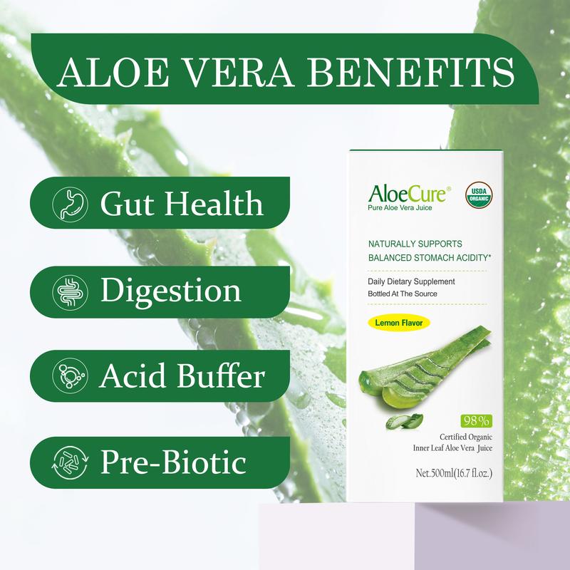 AloeCure Organic Aloe Vera Juice - 2 Bottle Sample Pack - Lemon, Natural Flavor - 2x500ml