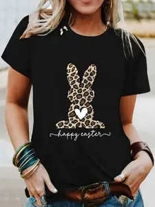 Leopard Print Heart Easter Bunny Graphic Round Neck Short Sleeve T-Shirt