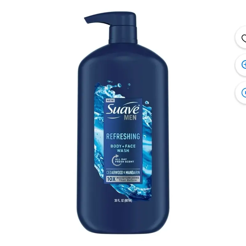 Suave Men Refreshing Face & Body Wash, Hydrating Moisture for Daily Body Care, Helps Maintain Skin's Natural Balance, 30 oz, Hydrate, Moisturizer, Bottle, Adults, Liquid, All Day Protection