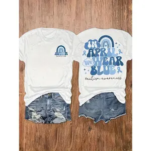 In April We Wear Blue Rainbow Graphic Tee Autism Awareness Shirt Cute Trendy Casual Crewneck Short Sleeve Spring Outfit Gift