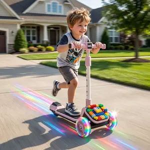 Creative 3-Wheel Kids Scooter with Building Blocks Base - Height-Adjustable Foldable Toddler Scooter with LED Light-Up Wheels & Music, Outdoor Toy Gift for Kids Ages 3-9