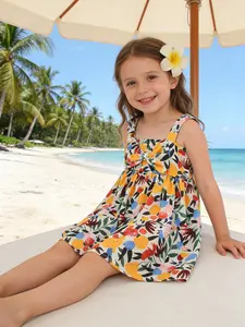 Mom's Must-Buy! Girls' Vacation Dress, Style & Comfort Combined.Beach/Picnic Outfit, Tropical Print Dress for Perfect Photos, Printed Dress