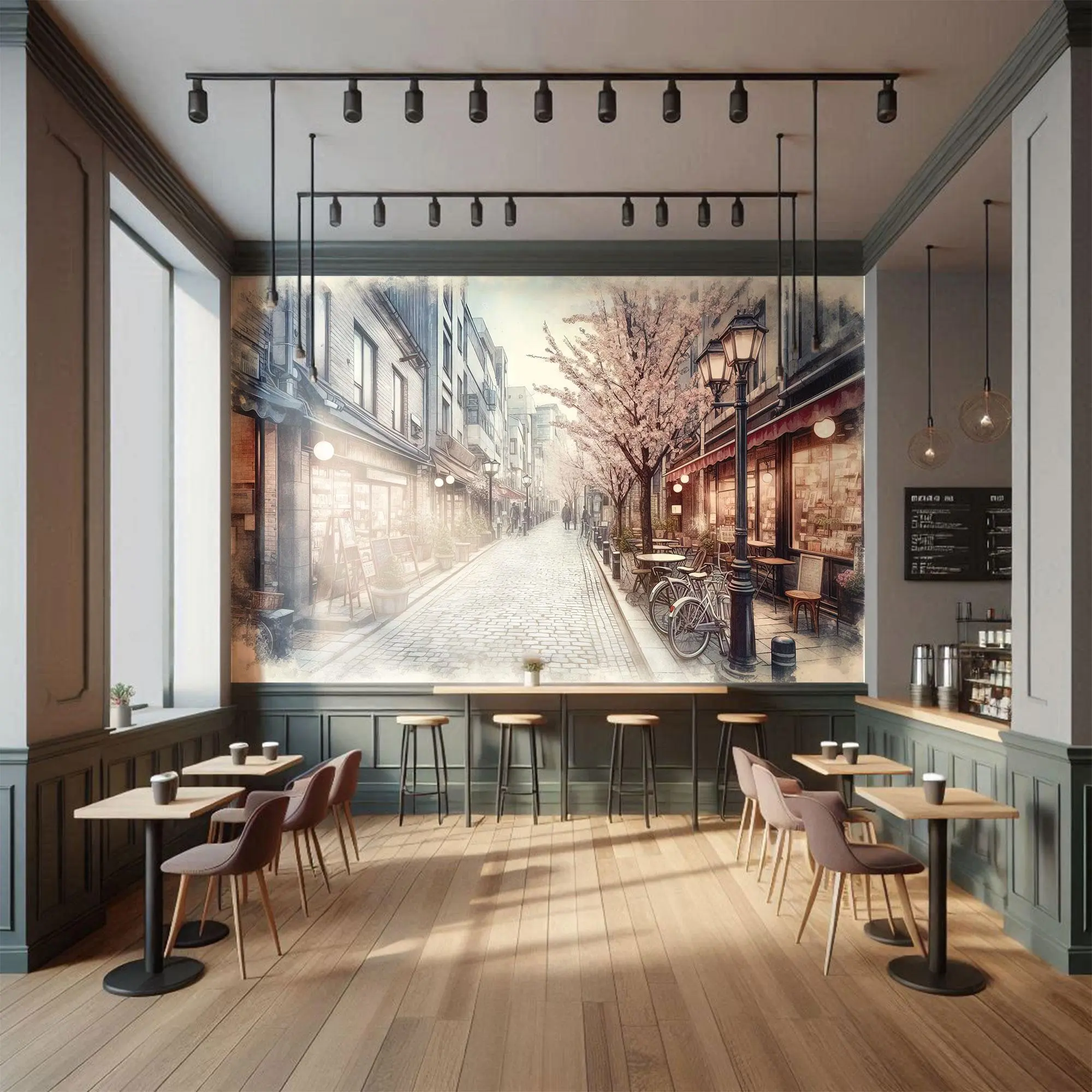 Vintage European Street Peel and Stick Wallpaper - Cozy Café & Bookstore Mural for Coffee Shop - Removable, Easy to Apply.
