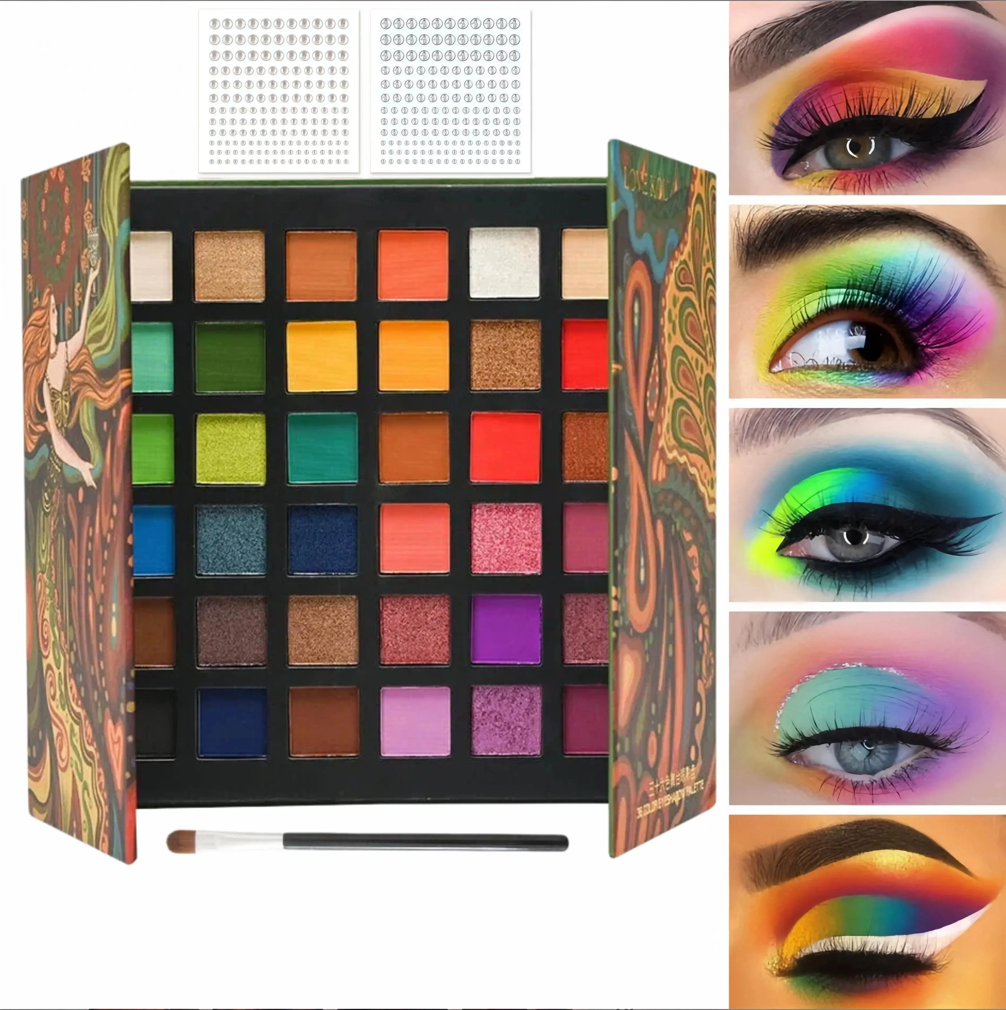 36-color retro oil painting–style eyeshadow palette with a free eyeshadow brush, brick/stone texture, soft pastel shades, pigmented finishes including matte, shimmer, and glitter textures, smooth blending, waterproof and long-lasting, Non Toxic eye makeup
