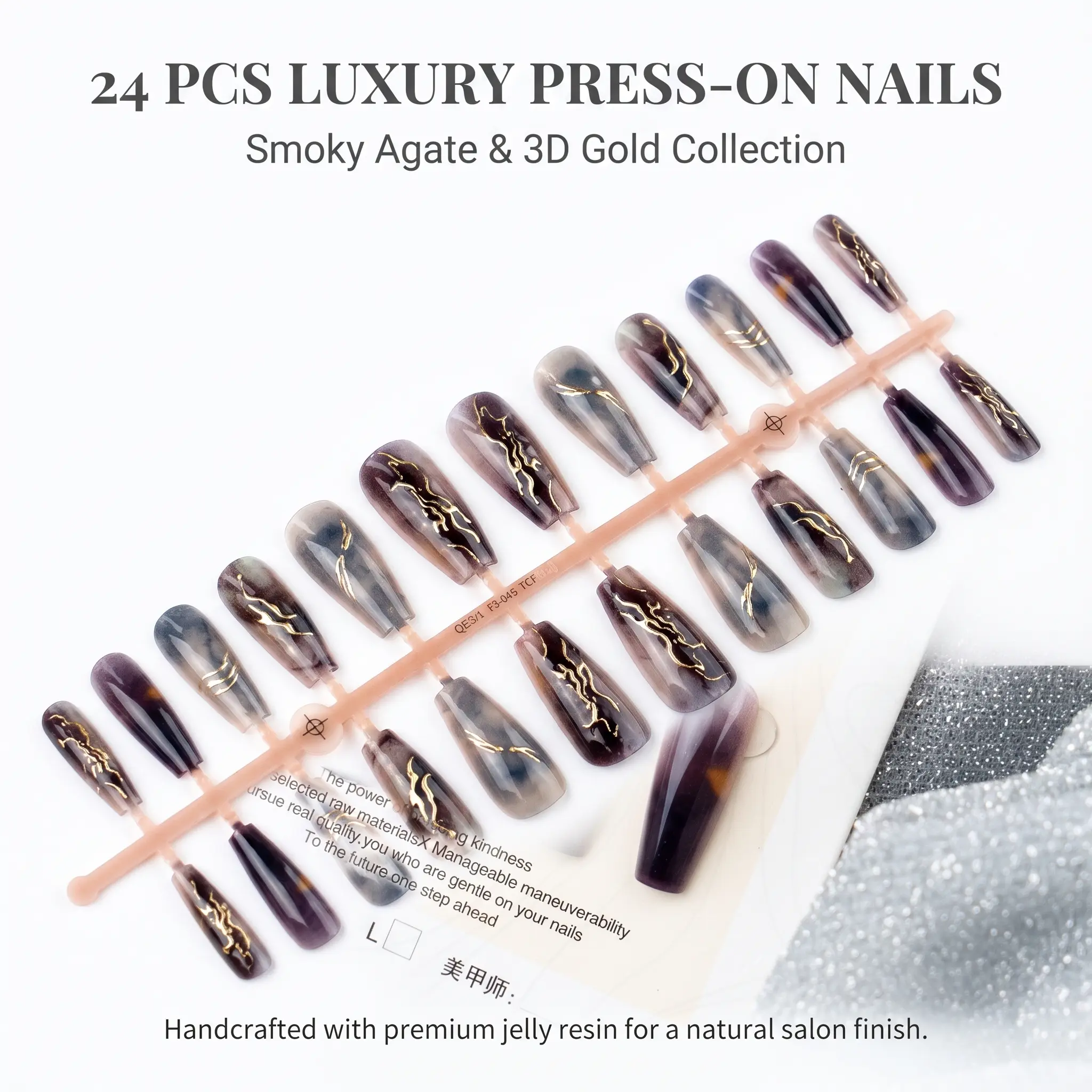 Zatvios 24Pcs Smoky Agate Gold Line Press On Nails Jelly Marble Fake Nails For Coffee Dates Urban Commute Quiet Luxury Outfits