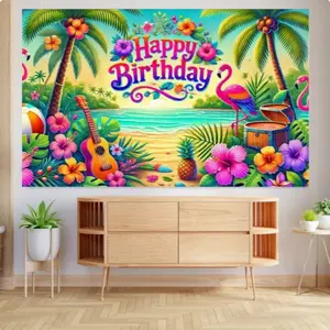 Happy Tropical Birthday, Large Summer Beach Party Banner; Colorful Hawaiian Flamingo Ukulele; Pineapple Hawaiian Party Garden Wall Decor; Indoor Birthday Celebration