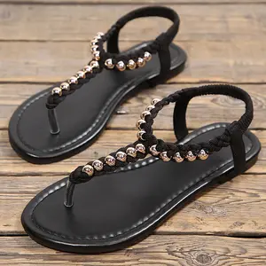 Bead Flat T Strap Sandals For Women Bohemian Shoes Flats Beach Summer Wedding Shoes For Bride Dressy Sandals Women Flat