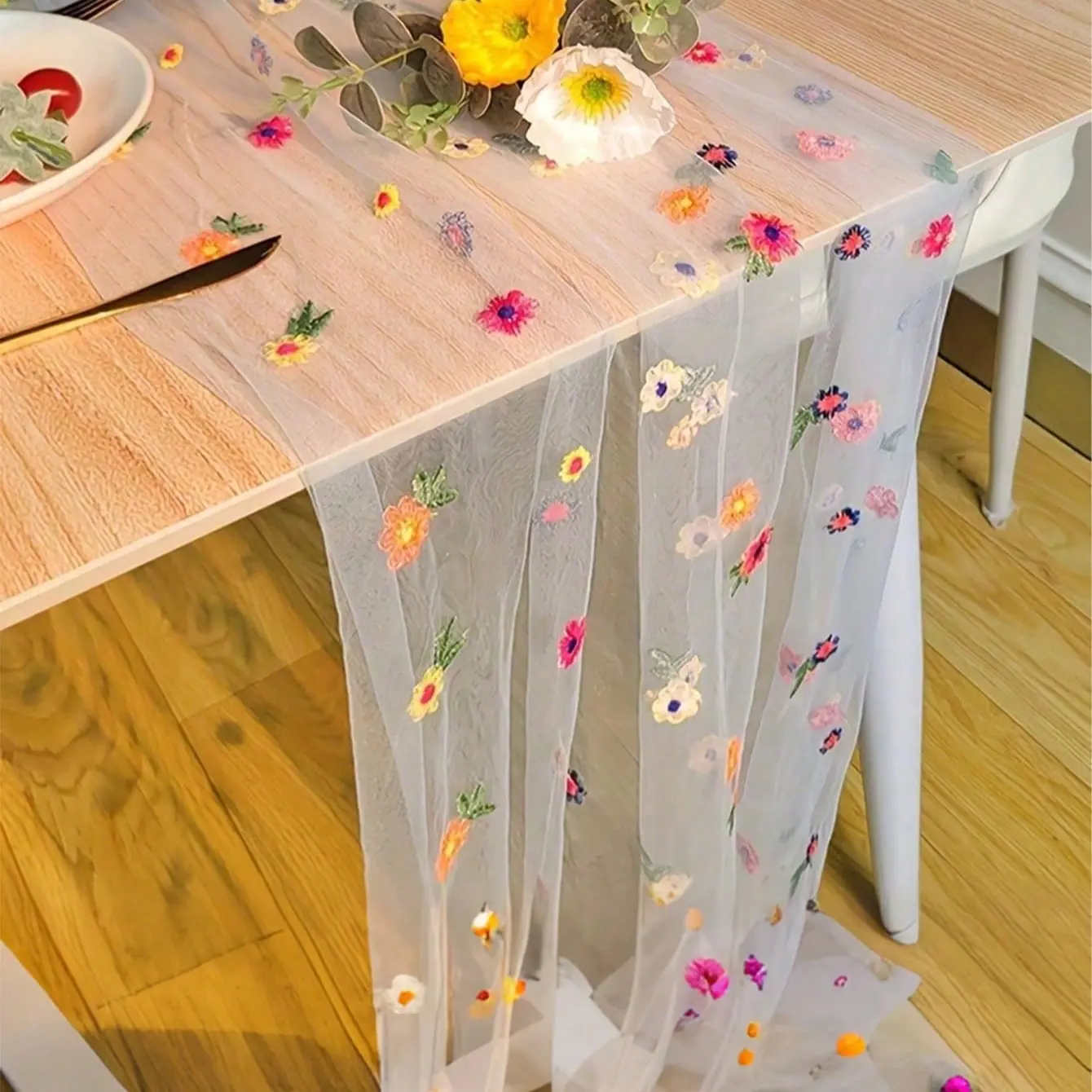 1Pc Floral Embroidery Decorative Table Runner, Featuring Colorful Mini Flowers And A Semi-Transparent Mesh Fabric, Airy Appearance, In A Rustic Charm, Elegance And Refreshing Style, Suitable For Bedroom, Living Room, Party, And Wedding Table Decoration