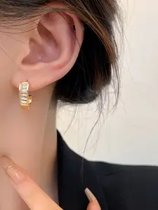 [1 Pair C-Shaped Stud Earrings] 14K Golden Plated Copper Hoop Earrings with Cubic Zirconia- Minimalist Everyday& Festival Jewelry, Year-Round Versatile Accessory, Festival Accessories, Sophisticated Style, Luxurious Finish