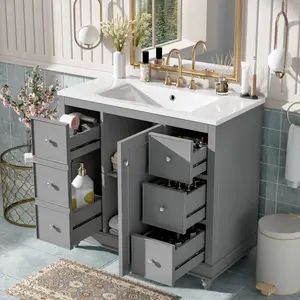 Modern Gray Bathroom Vanity with Ceramic Sink Combo – 36x18.3x34.1 inches, 4 Drawers and 1 Door, Versatile Storage, Adjustable Shelf, Solid Wood Frame, MDF(Old SKU:SV 000016 AAE-1)   WL