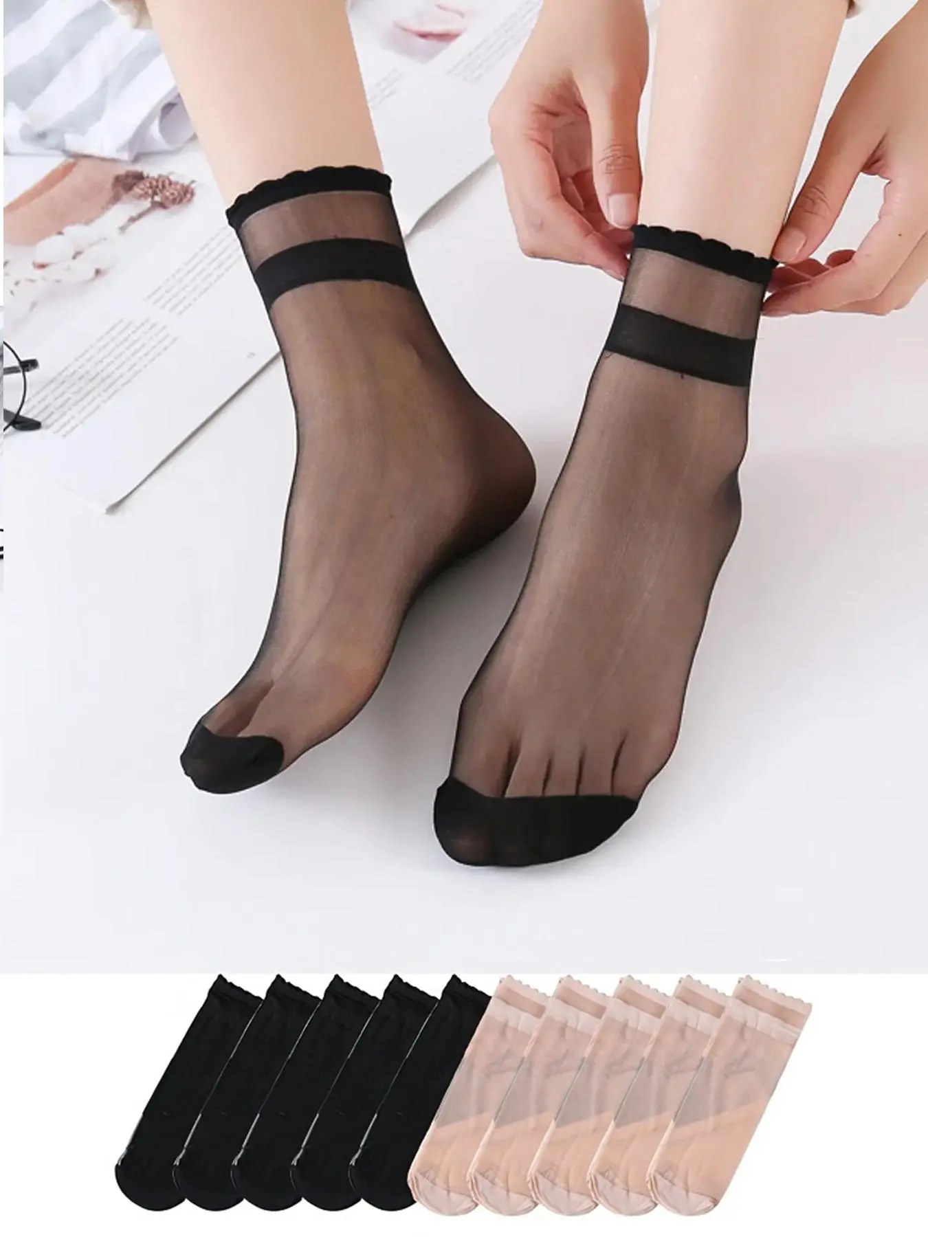 Women's 10 Pairs Solid Sheer Scallop Trim Crew Socks, Comfy Breathable Soft Socks for Daily Wear, Multipack Knit Socks for Summer, Minimalist, Casual Daily Socks, Casual Stylish Socks