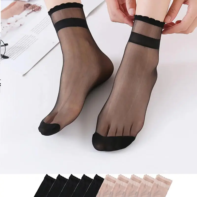 Women's 10 Pairs Solid Sheer Scallop Trim Crew Socks, Comfy Breathable Soft Socks for Daily Wear, Multipack Knit Socks for Summer, Minimalist, Casual Daily Socks, Sheer Fashion Socks