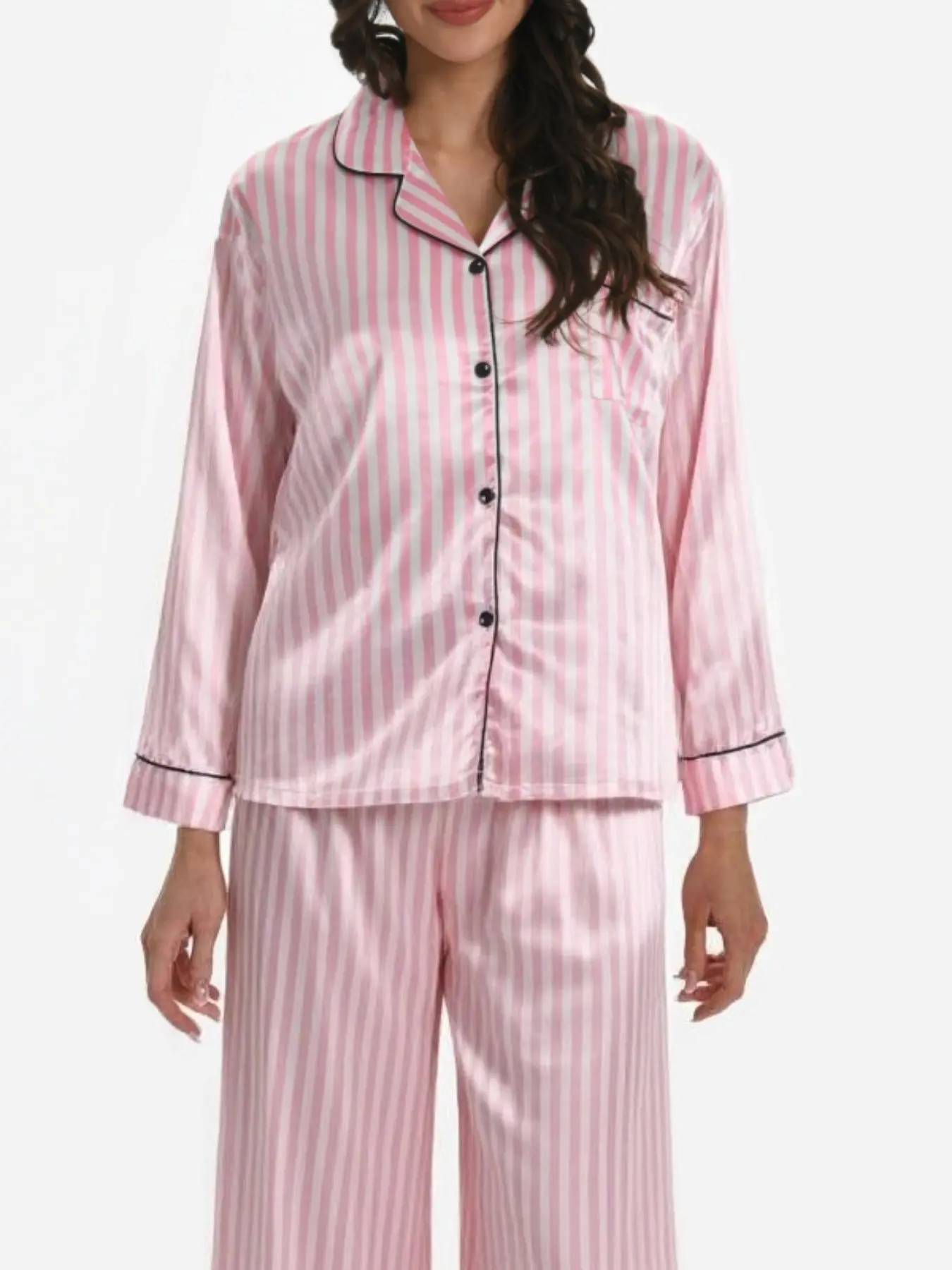Pink & White Striped Satin Pajama Set | Classic Notch Collar Design | Long Sleeve & Pant | Luxury Loungewear | Perfect for Comfortable Sleepwear