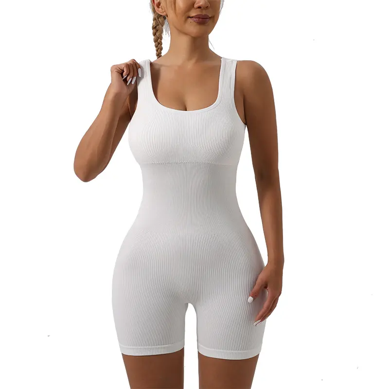 Women's Ribbed Seamless Stretchy Sportswear Jumpsuit - Activewear Fitness Yoga Bodysuit, Workout Jumpsuits for Comfortable White Workouts