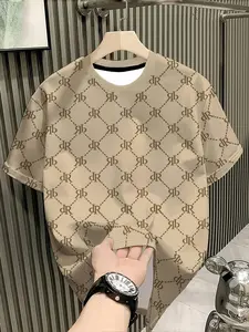 Classic Floral Printed Round Neck T-Shirt, 3D Digital Full Print Diamond Pattern, Summer Luxurious Casual Streetwear Top, Slim-Fitting Short Sleeve