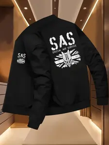 Men's Sas Air Force Special Forces Jacket, Slim Fit Zip-Up Coat with Logo Print, Washable Winter Jacket for Casual & Formal Occasions