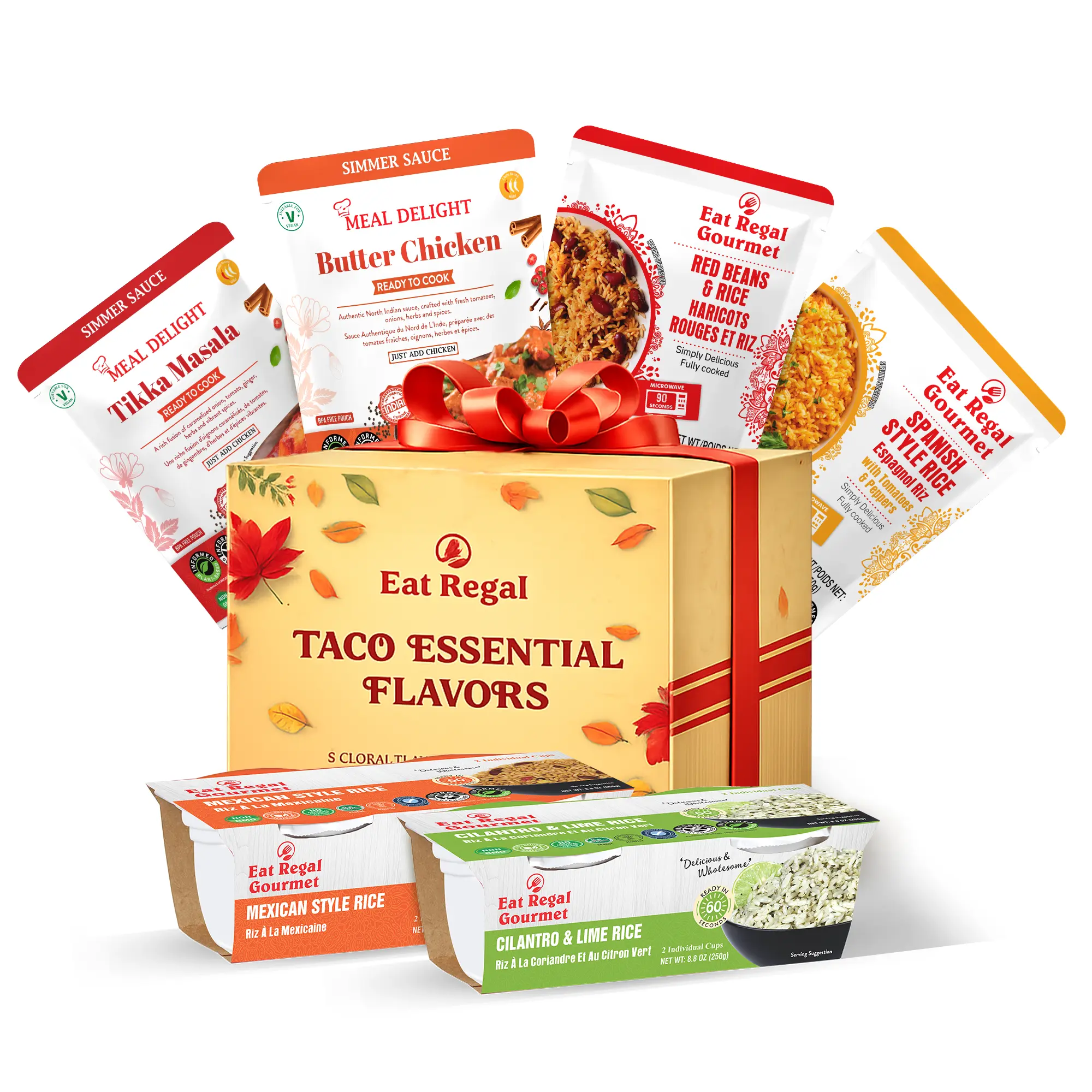 Eat Regal Taco Essentials Variety Pack (6 Items) — Limited Edition Holiday Gift Box with Sauces & Ready Rice for Quick Taco Recipes | Heat and Eat| Microwaveable| Ready in Minutes
