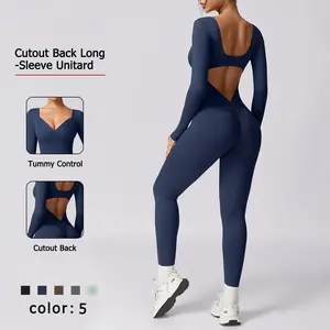NcmRyu Women's Open-Back Long-Sleeve Seamless Unitard - Buttery-Soft Sculpting Activewear for Yoga Gym Trendy Workout Jumpsuit