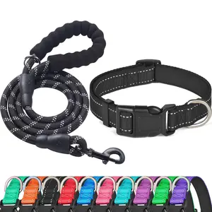 Heavy Duty Dog Leash and Collar Set Strong Climbing Rope Reflective Pet Leashes Soft Padded Handle Adjustable Collar for Large Medium Small Dogs Walking