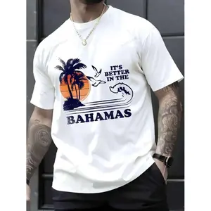 Men's Tropical Bahamas Travel Graphic T-Shirt - White Tee Shirt with Palm Trees, Dolphins & "It's Better in the Bahamas" Slogan - Lightweight Breathable Fabric for Beach Vacations, Casual Outfits - Machine Washable Everyday Summer Top