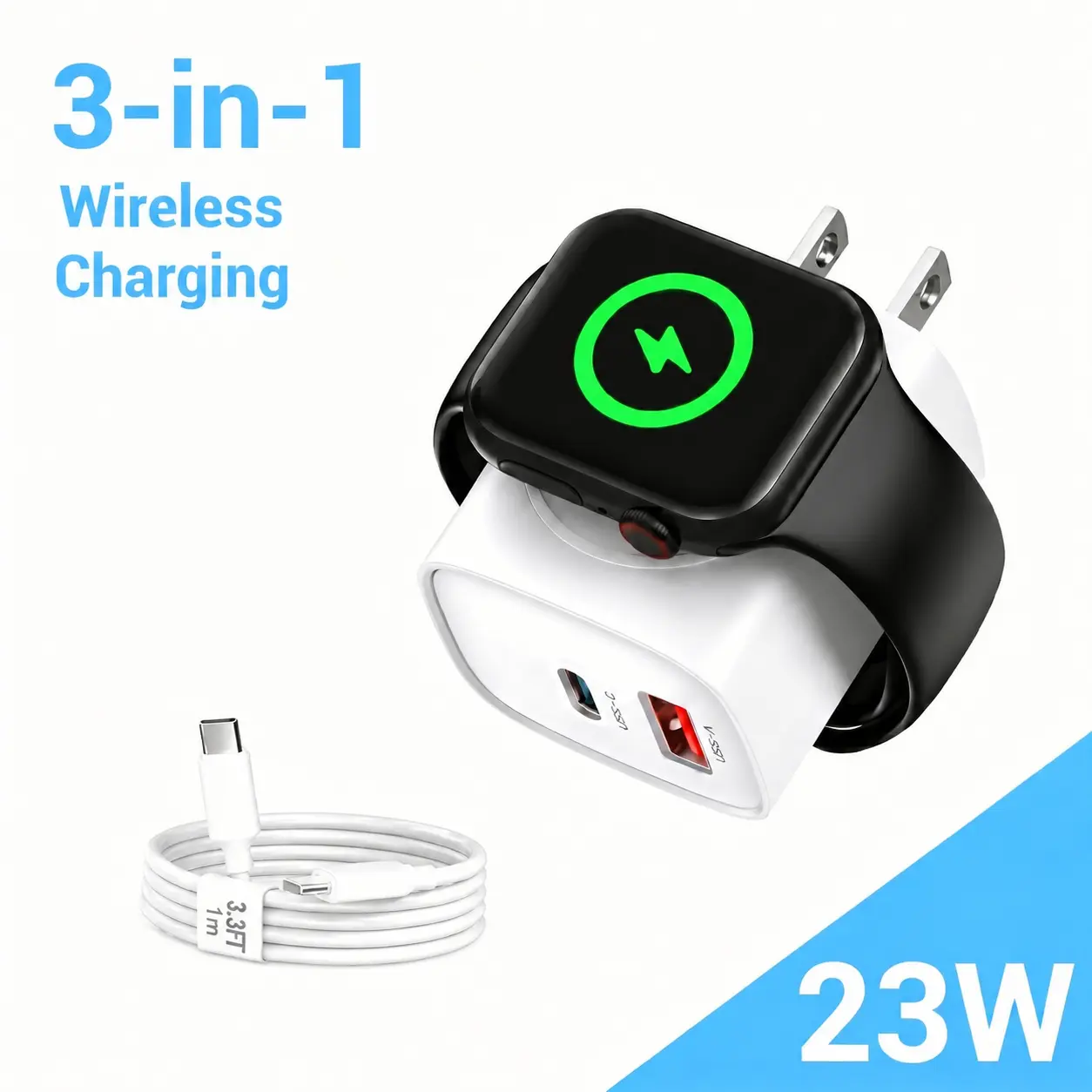 [2026 New Upgraded] 3-in-1 Magnetic Wireless Wall Charger Block, 23W PD USB-C Fast Charging Station Compatible with iPhone 17/16/15 Pro Max, Apple Watch Ultra/9/8/7, AirPods - Portable Travel Charger with Cable Included