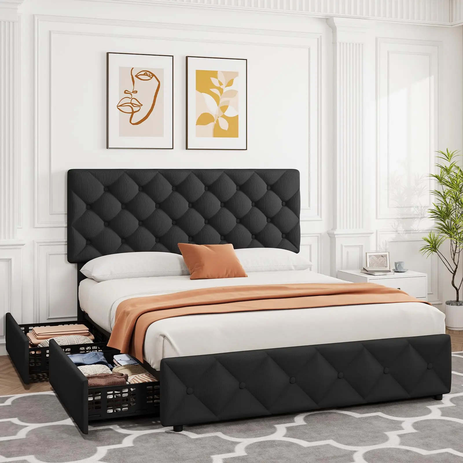 King Size Bed Frame with 4 Storage Drawers & Adjustable Headboard, Linen Upholstered Platform, Diamond Stitched Tufted, No Box Spring Needed, Black