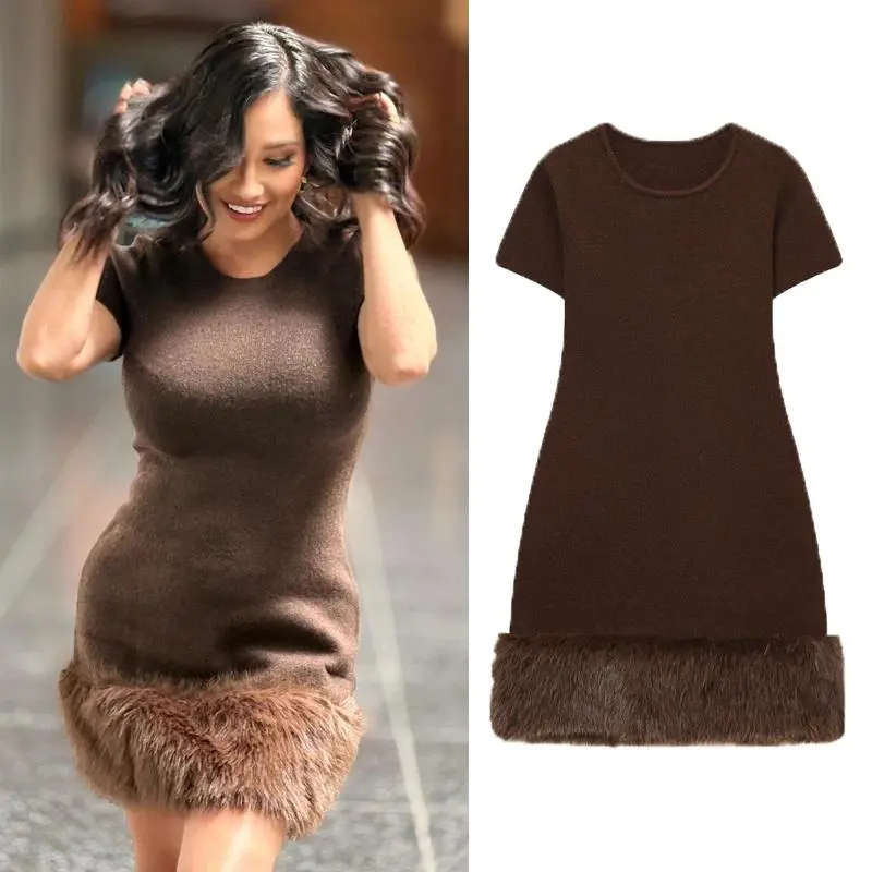 2025 Winter Women's Short Sleeve Knitted Dress With Faux Fur Trim O-Neck Sweater Dress Casual Party Wear Elegant Bodycon Dresses - TikTok Shop 2025 Winter Women's Short Sleeve Knitted Dress With Faux Fur Trim O-Neck Sweater Dress Casual Party Wear Elegant Bodycon Dresses - TikTok Shop