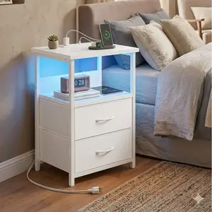 Night Stand with Charging Station, LED Nightstand with U-S-B Ports and Outlets, 2 Fabric Storage Drawers with PU Finish, Bed Side Table, White