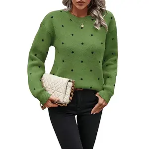 Green polka dot drop-shoulder sweater pullover with long sleeves and a crew neck, regular fit, casual style — ideal for office autumn/winter outfits