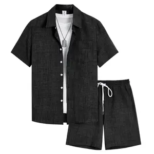 Men’s summer solid-color short-sleeve shirt and shorts loungewear two-piece set; men’s pajamas; casual, comfortable top-and-shorts sleepwear set summervibes
