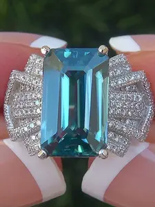 Elegant Vintage Princess Cut Light Blue Zircon Ring with Halo Setting & Marquise Accents - White Golden Plated Wedding Band Jewelry Gift for Women, Christmas, Casual Attire, Anniversary Ring