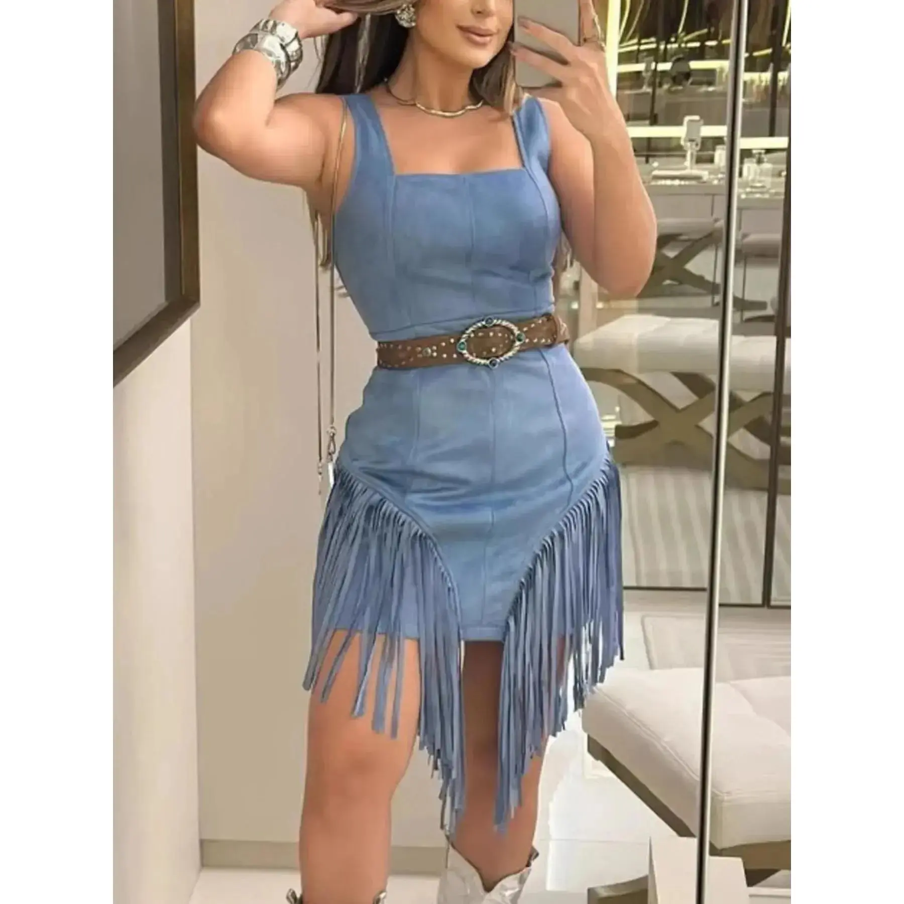 blue suede fringe dress Idyllwind Women's Faux Suede Studded Fringe Sleeveless Mini Dress