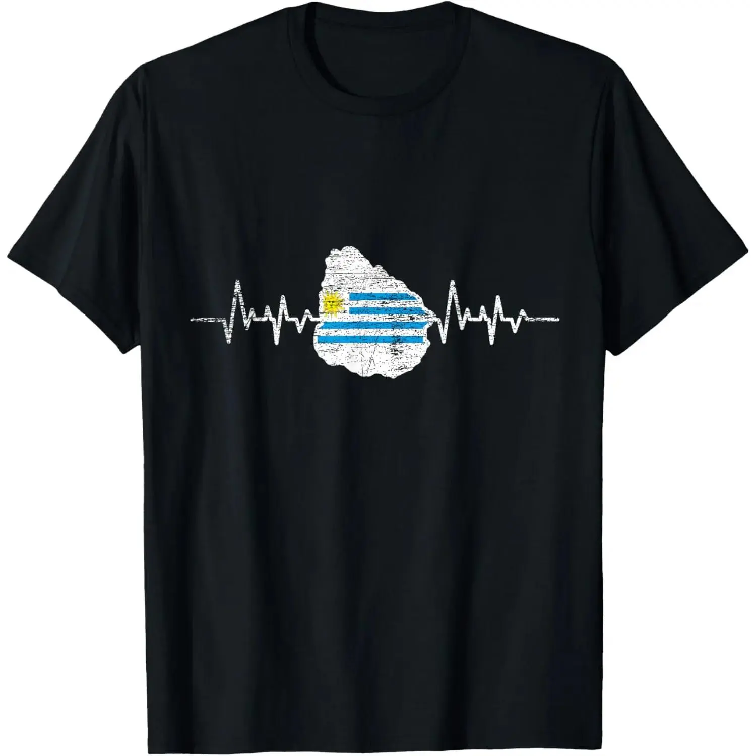 Oversized Graphic T-Shirt for Men, 100% Cotton Relaxed Fit Top with Patriotic Uruguay Flag Heartbeat, Short Sleeve