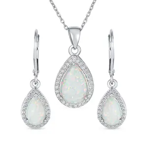 Bridal CZ Halo Solitaire White Opal Teardrop Pendant & Earrings Jewelry Set