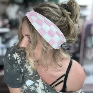 Buttery Soft Soft Pink And White Checker Front Knot Headband | Stretchy Legging Material Hair Band
