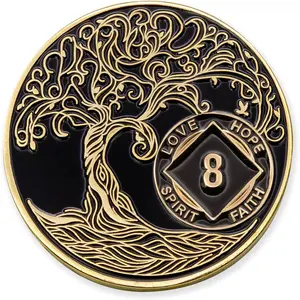 8 Years Black & Gold Plated NA Coin - Sobriety Mint Twisted Tree of Life Recovery Medallion/Chip - Black/Gold