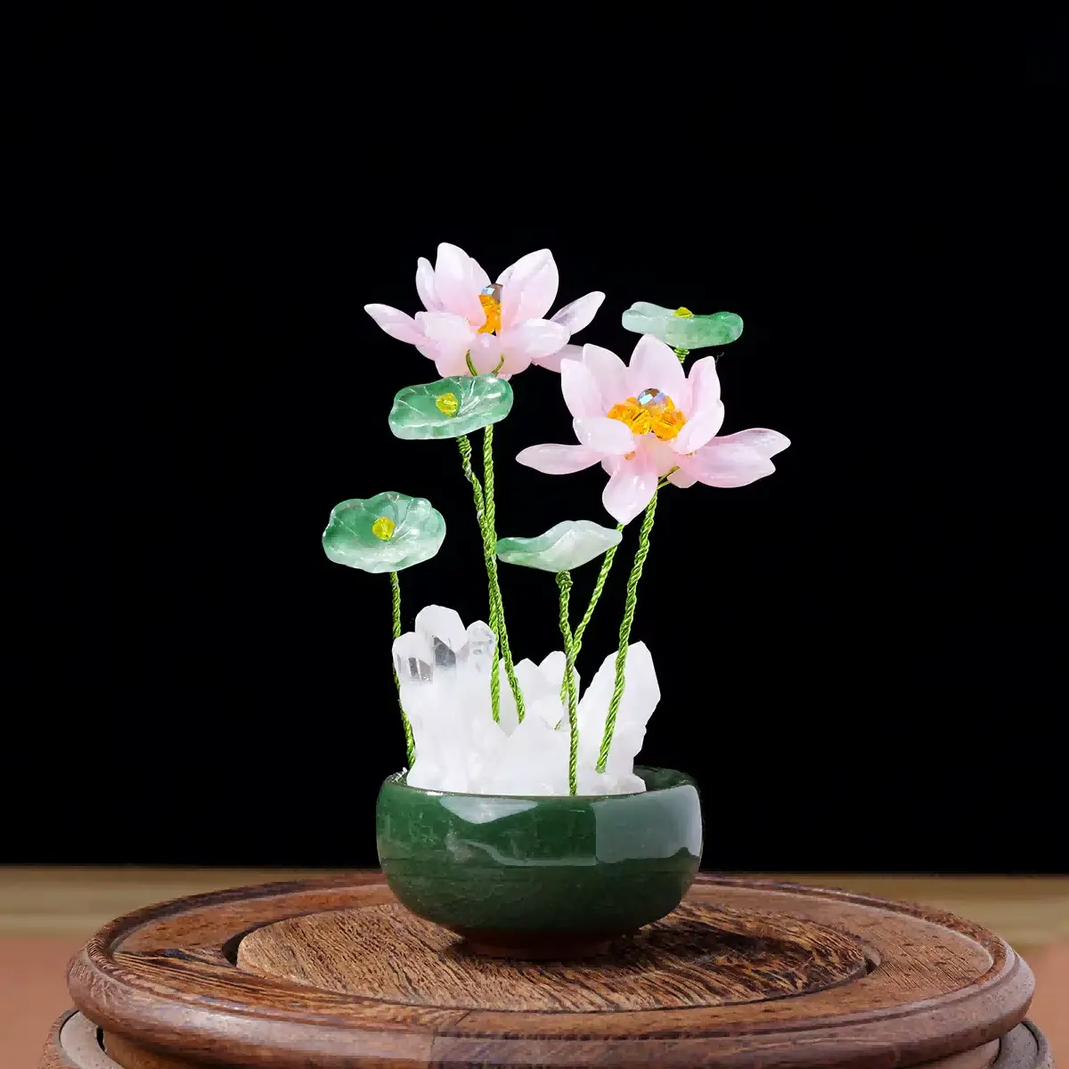 Natural Clear Quartz Crystal Lotus Flower Bonsai Ornament, Pink Crystal Lotus with Green Leaves Ceramic Potted Feng Shui Decor, Meditation Crystal Healing Tabletop Centerpiece for Home Office Wealth Luck Decor