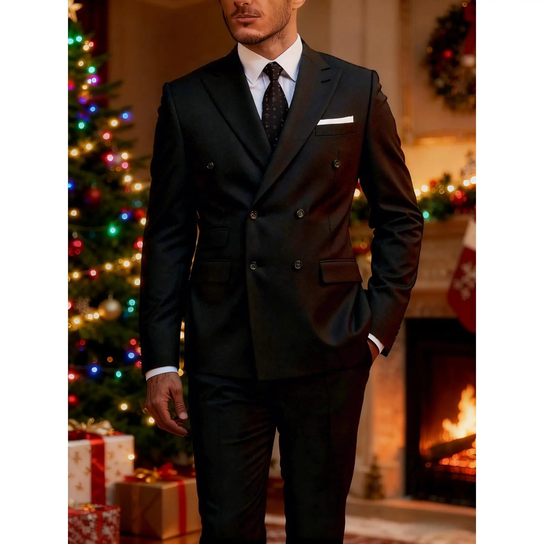 Men's 2-Piece Suit, Solid Double Breasted Blazer & Pants, Tailored Fit Formal Menswear with Peak Lapels for Office & Wedding, Formal Wear, Plain, Casual, Clothes, Fitted