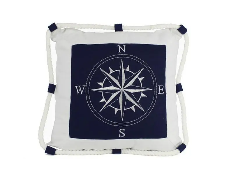 Blue Compass with Nautical Rope Decorative Throw Pillow- 16 in.