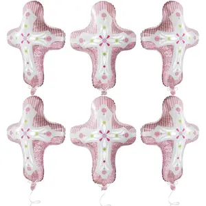 Cute Cross Balloon For God Bless Christening Confirmation Happy Easter Kids Boys Girls Birthday Shower, 6 Pink Baptism Cross Helium Mylar Foil Balloons Baptism Party Decoration For Holy Communion