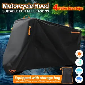 Motorcycle cover with 4 reflective strips and a hand-held strap for rain and sun protection. 210D thick Oxford cloth dust cover with built-in anti-theft buckle