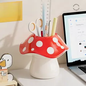 Cute Mushroom Storage Box with Polka Dot Lid and Base, Multifunctional Desktop Organizer for Pens Pencils Makeup Brushes, Pen Cups, Pen Holders