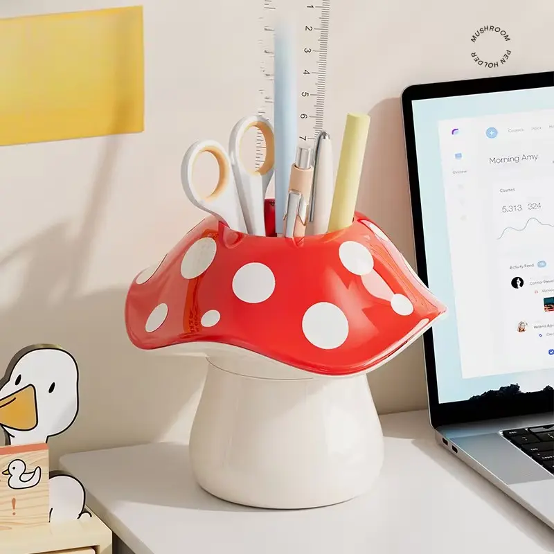 Cute Mushroom Storage Box with Polka Dot Lid and Base, Multifunctional Desktop Organizer for Pens Pencils Makeup Brushes, Office Accessories, Stationery Storage Organizer, Pen Cups, Pen Holders, Desk Accessory