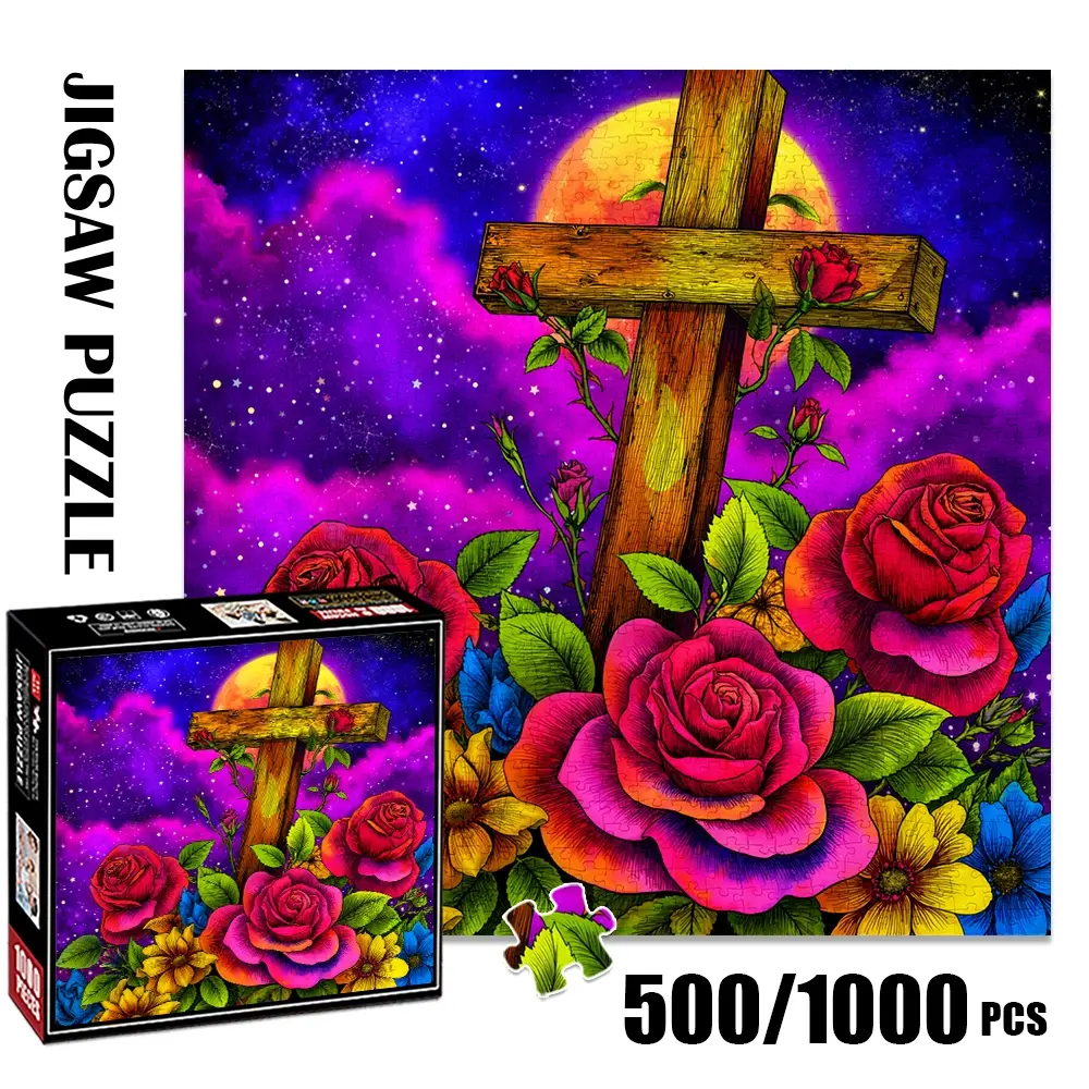 1pc 1000 piece adult puzzle 58x58cm Cross with Roses under Starry Moonlit Sky 500 pieces paper jigsaw puzzle suitable for DIY creative games for adults and families, birthday and holiday stress reli