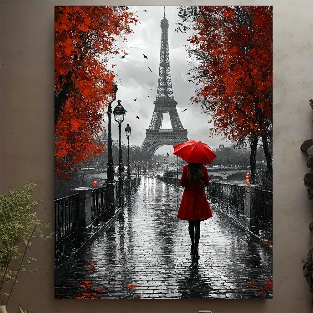2D Flat, 2D Flat, Framed Canvas Artwork Featuring a Paris Street Scene with The Eiffel Tower, a Woman Holding a Red Umbrella, And Autumn Leaves. The Piece Is in Black And White with Red Highlights, Set in a Recycled Wood Frame