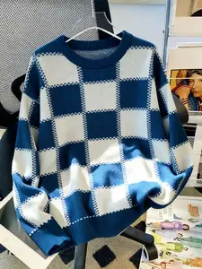 Women's Irregular Pattern Knit Sweater, Casual Fall & Winter Round Neck Blue Striped Ombre Long Sleeve Pullover