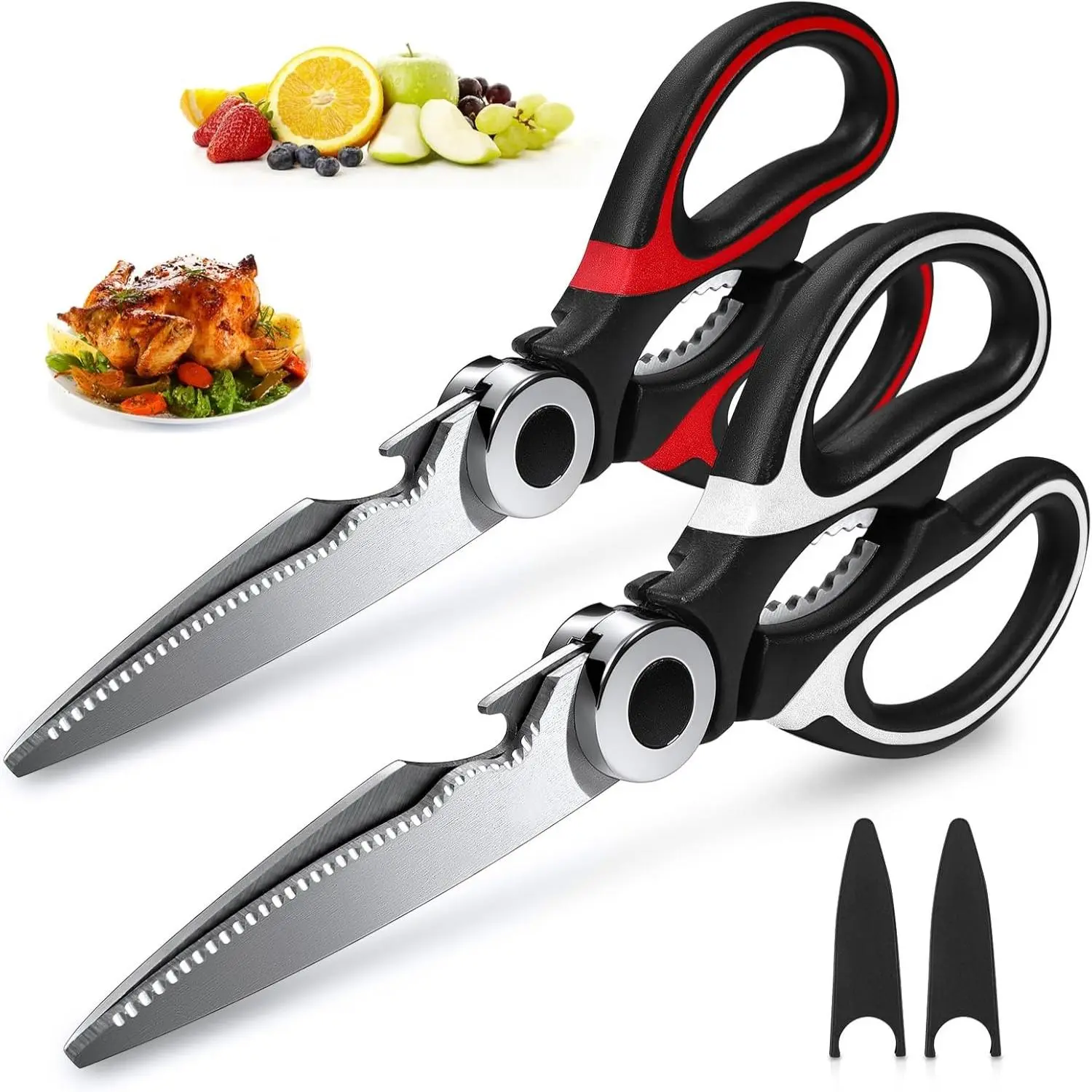 Kitchen Scissors with Cover, 2 Counts Stainless Steel Multi-functional Scissors for Food, Chicken, Poultry, Fish, Pizza, Herbs, Kitchen Shears, Kitchen Accessories, Kitchenware, Modern Kitchen Utensils for Cutting, Heavy Duty Scissor