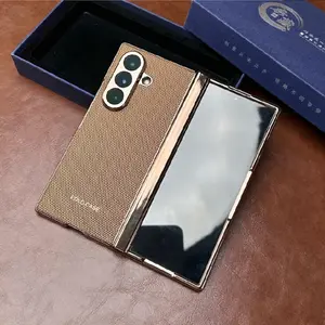 Luxury Gold Plated Hinge Case for Samsung Galaxy Z Fold7 Full Coverage Shockproof Zfold6 Premium Textured Leather Magnetic Foldable Protective Cover zfold5 Hinge All-inclusive Anti-fall Protector Case